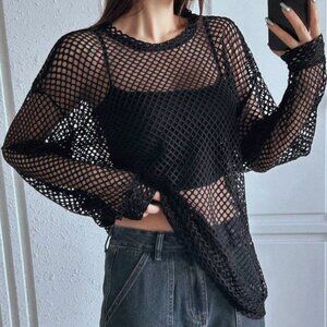 Black Sheer Mesh Long Sleeve Top – Size M/L – Like New
